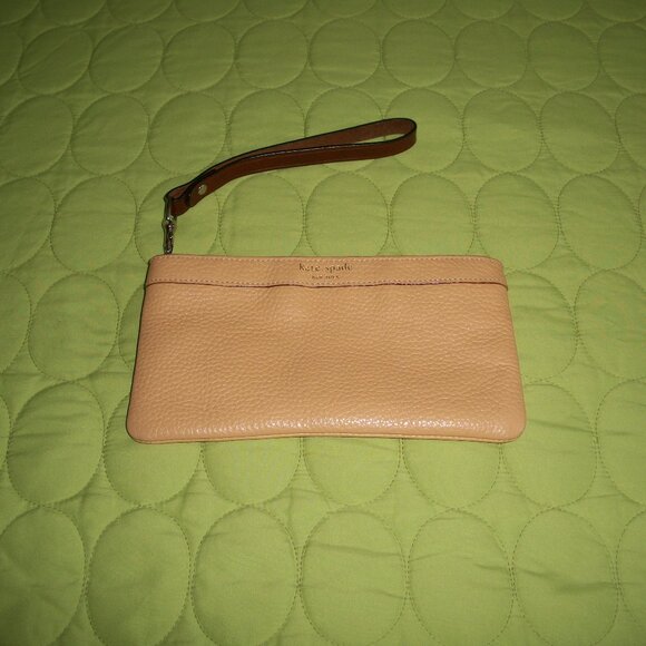 Kate Spade Wristlet Pouch Clutch Zip Top Beige Leather - Picture 1 of 8